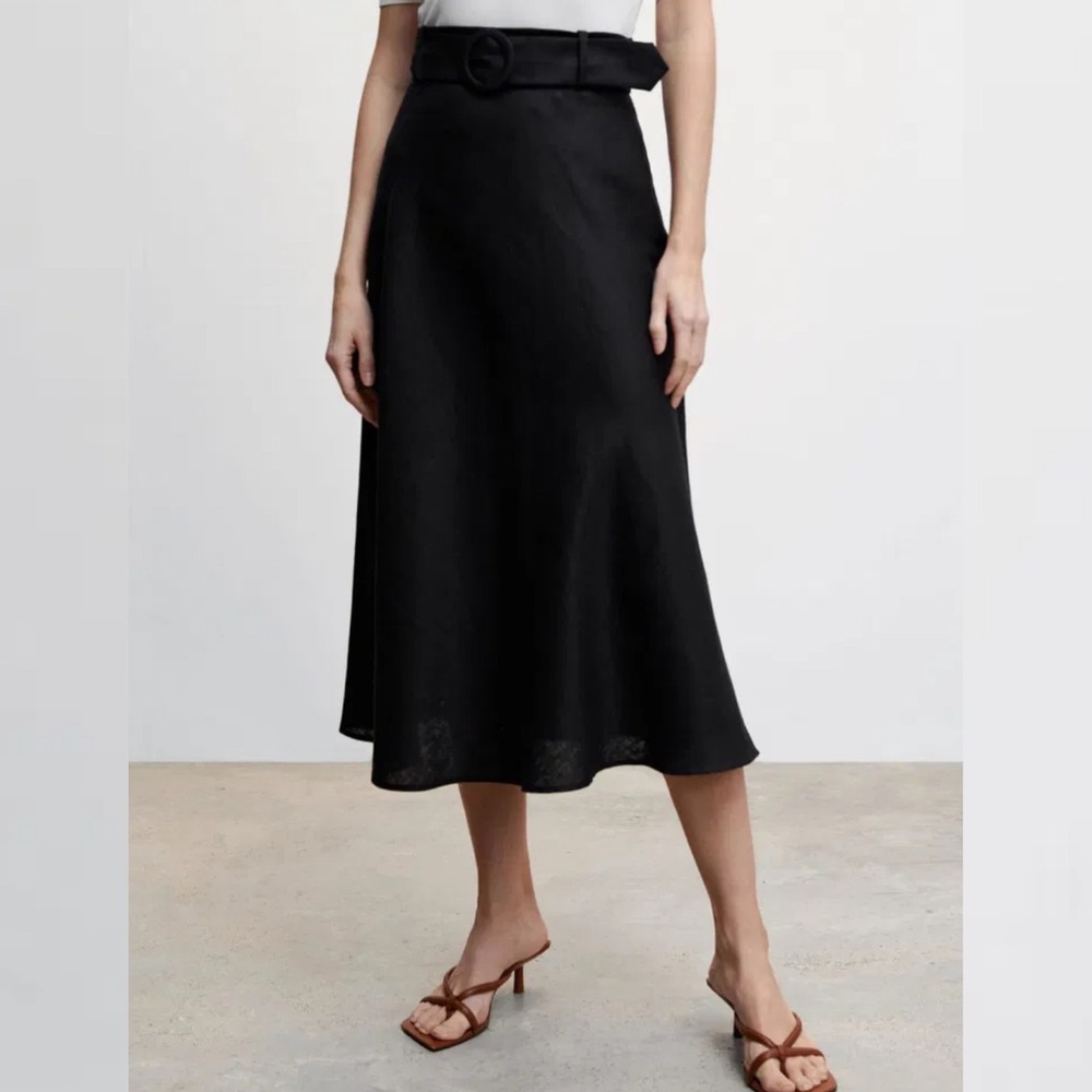 Mango 100% Linen Womens Skirt Sz 14 Belted Midi Black A-Line High Waist Minimal